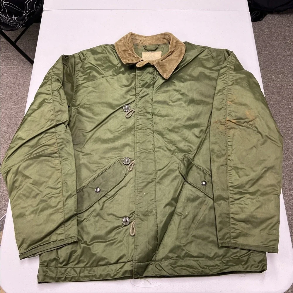 US Military Cold Weather Jacket Mens Medium Green Impermeable Deck Coat E2